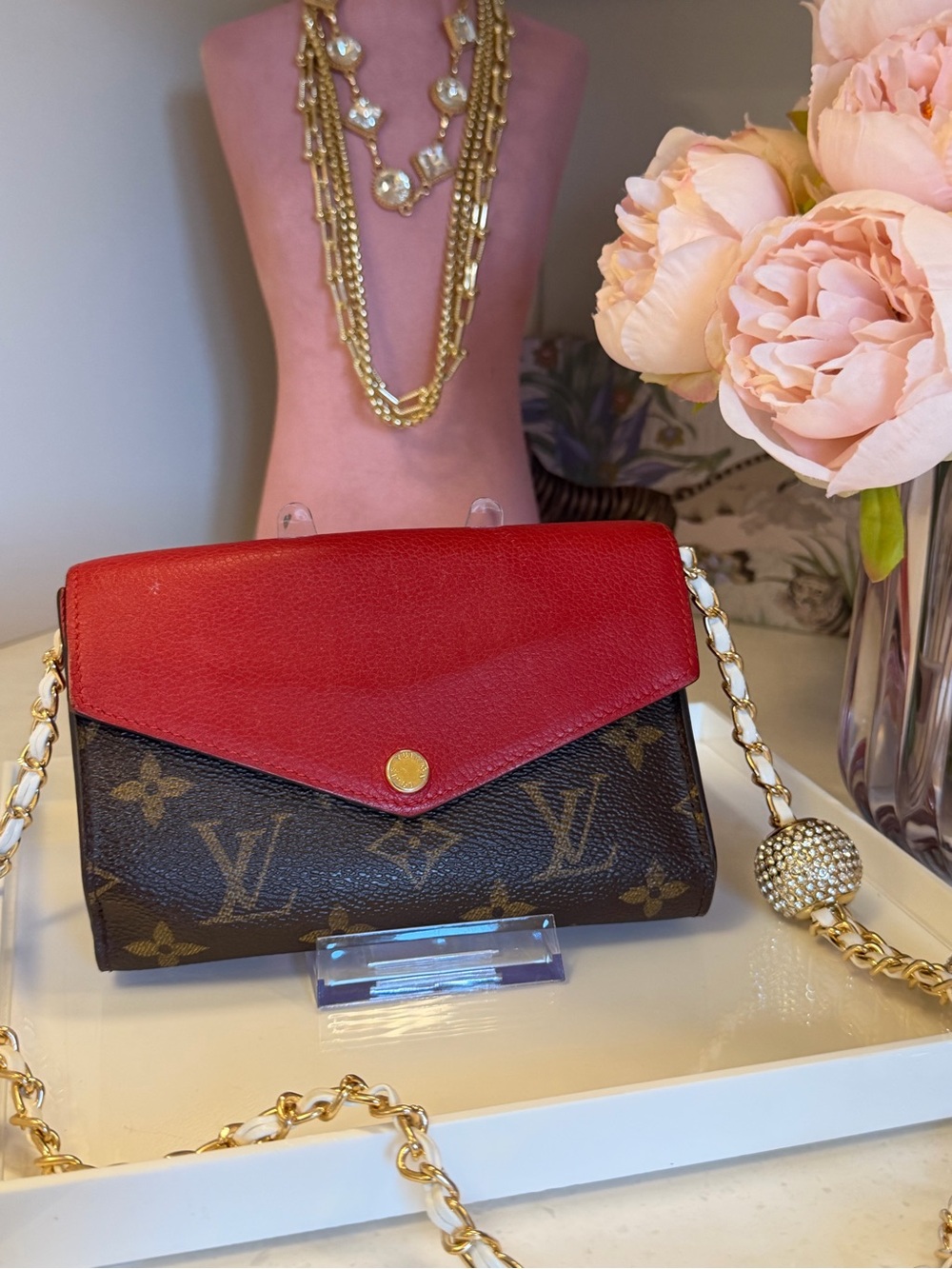 Louis Vuitton Red Leather & Monogram Chain Crossbody